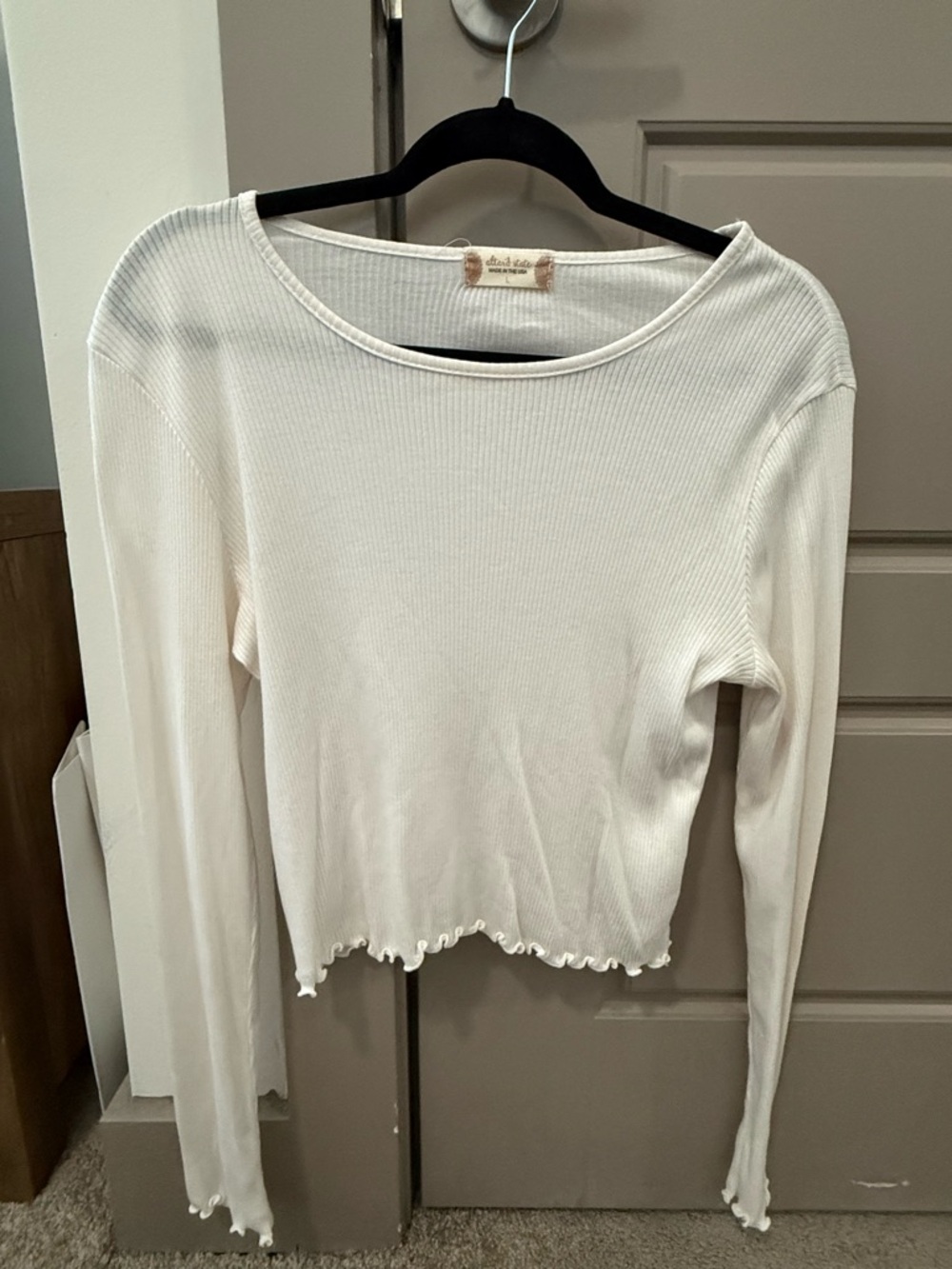 Altar'd State White Ribbed Long-Sleeve Lettuce Hem Top